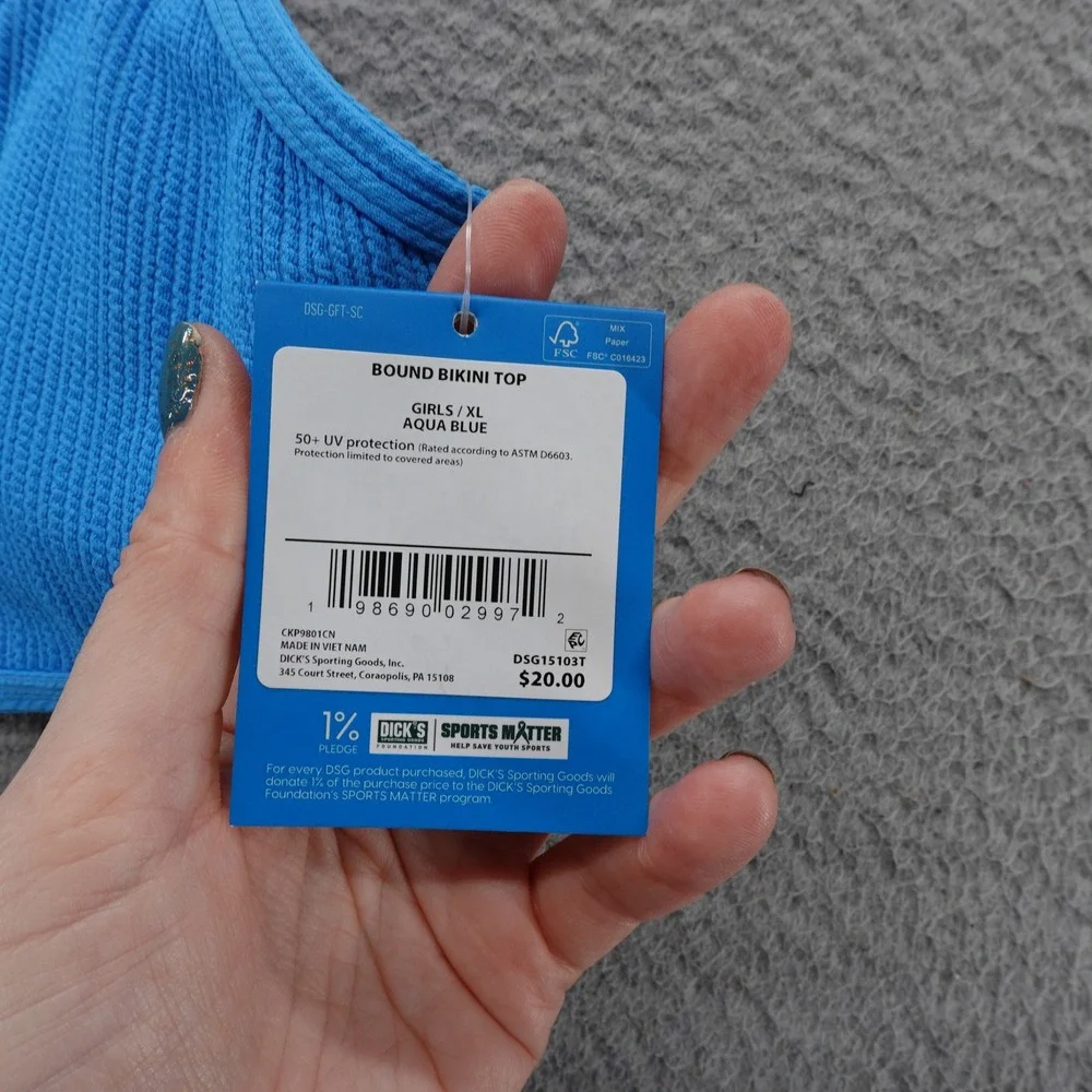 DSG Girls XL Aqua Blue Bound‎ Ribbed Bikini Top Swim Separate UV 50+ NEW